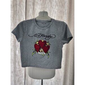 NEW Women's Gray Ed Hardy Size XL Crop Top Love Hearts Tattoo Casual